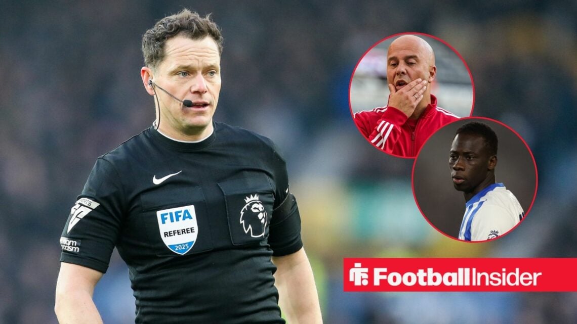 Referee Darren England in action as Liverpool manager Arne Slot and Brighton winger Yankuba Minteh feature in circular insets.
