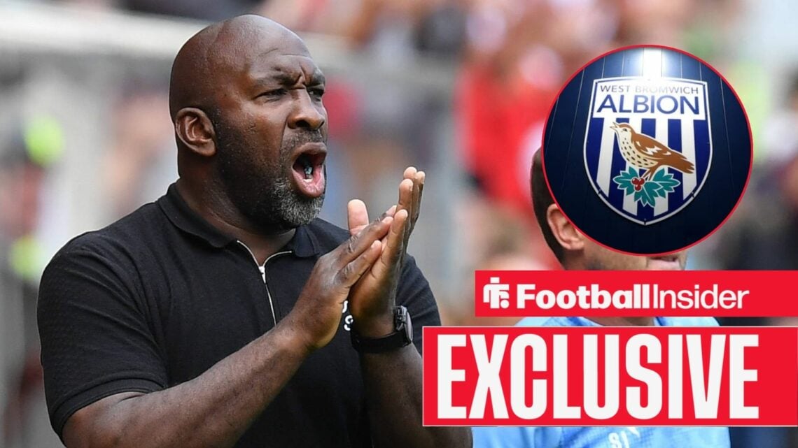 Football Insider exclusive as Darren Moore applauds, while the West Brom badge features in a circular inset.