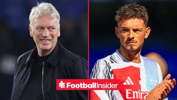 Everton manager David Moyes smiles across a split image towards Arsenal defender Ben White, who is warming up for a game.