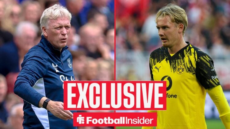 Football Insider exclusive as Everton manager David Moyes looks across a split image at Julian Brandt, who is in action during a game for Borussia ...