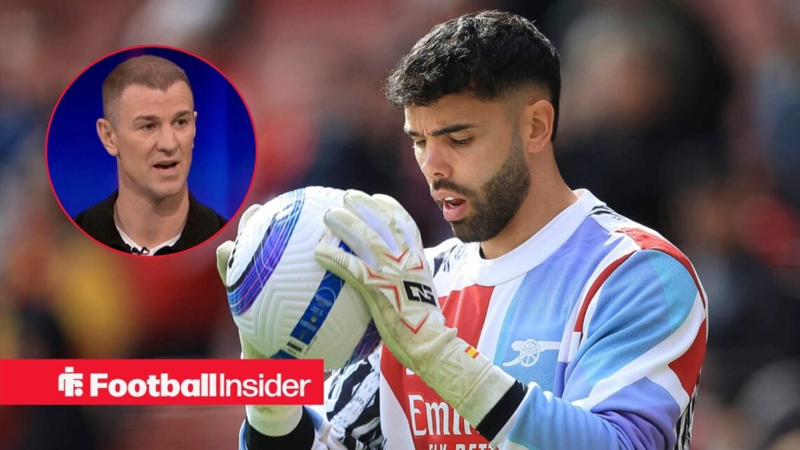 Arsenal goalkeeper David Raya catches the ball during warm-up, as pundit Joe Hart features in a circular inset.