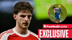 Declan Rice Arsenal during the Tottenham Hotspur V Arsenal Premier League match at the Tottenham Hotspur Stadium, London / Arsenal star clashes with Jorrel Hato inside the penalty area on 1 March, 2026