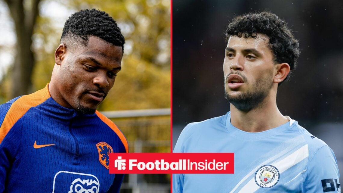 Manchester City right-back Matheus Nunes stares across a split image towards Denzel Dumfries.