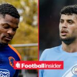 Manchester City right-back Matheus Nunes stares across a split image towards Denzel Dumfries.