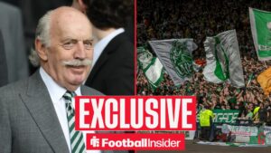 Football Insider exclusive as Celtic owner Dermot Desmond smiles across a split image towards the fans, who wave flags in the stands.