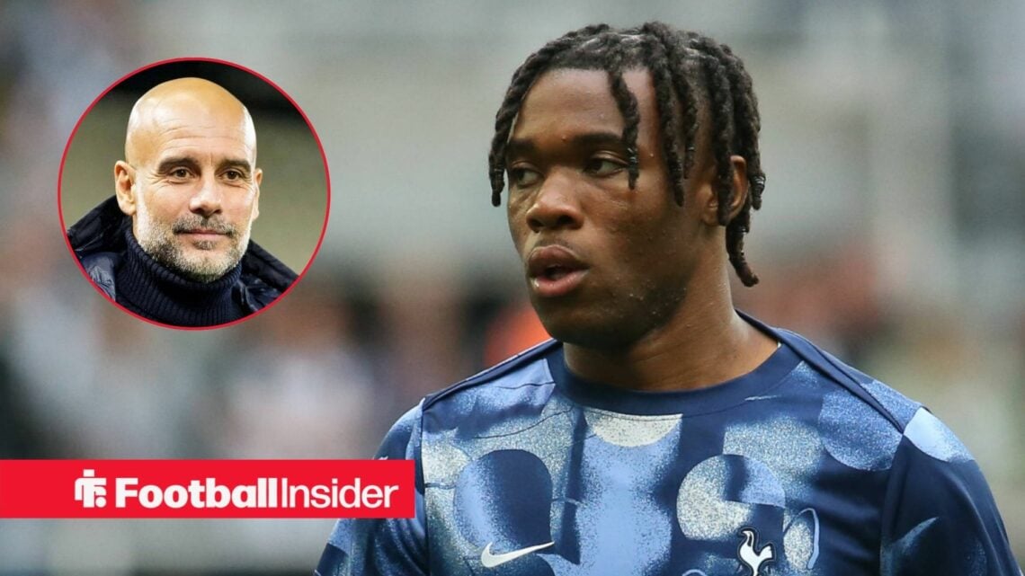 Destiny Udogie in action for Tottenham, with Pep Guardiola in a circular inset