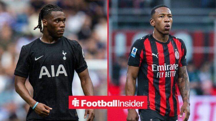Tottenham defender Destiny Udogie glances nervously across towards Pervis Estupinan, who is in action for AC Milan on the other side of a split image.