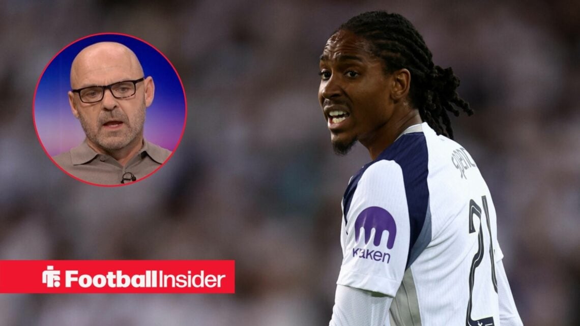 Djed Spence shouts during a game for Tottenham, as Danny Murphy watches from a circular inset.