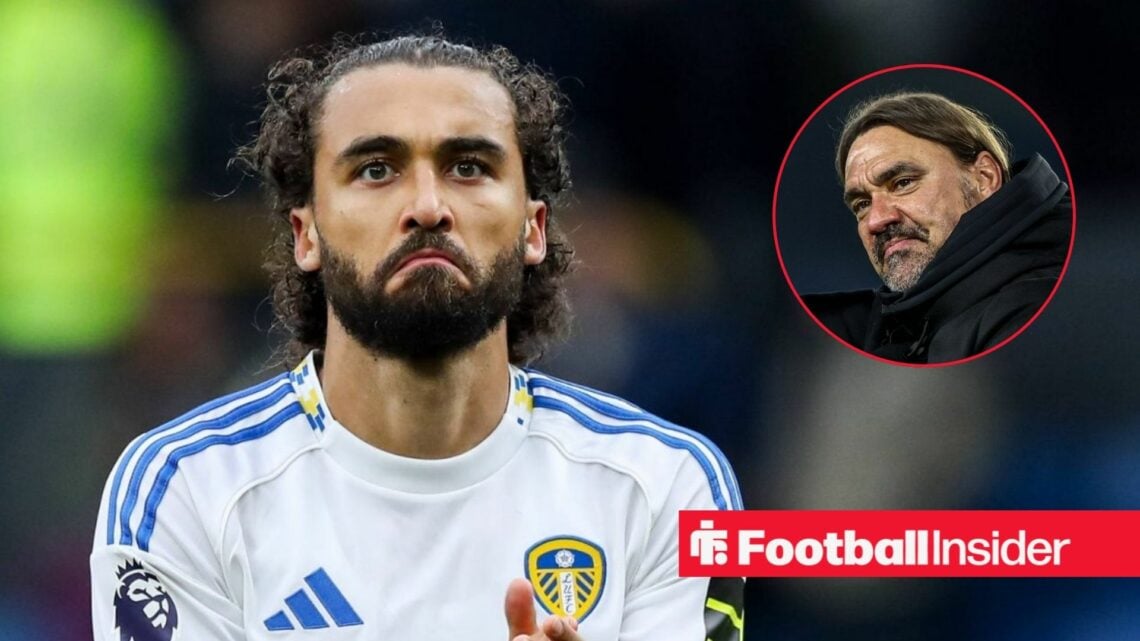 Dominic Calvert-Lewin in action for Leeds United, with Daniel Farke in a circular inset