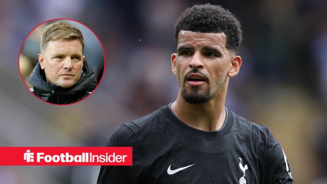 Tottenham striker Dominic Solanke glances towards a circular inset, where Newcastle manager Eddie Howe watches on.