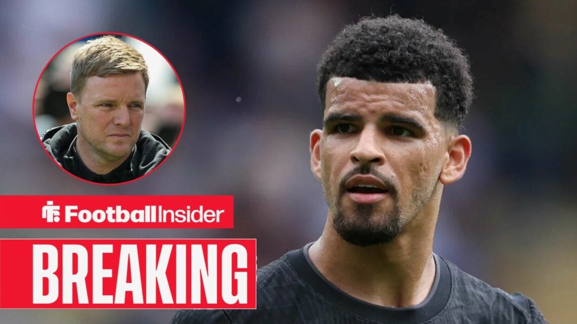 Dominic Solanke in action for Tottenham, with Eddie Howe in a circular inset