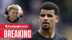 Dominic Solanke in action for Tottenham, with Eddie Howe in a circular inset