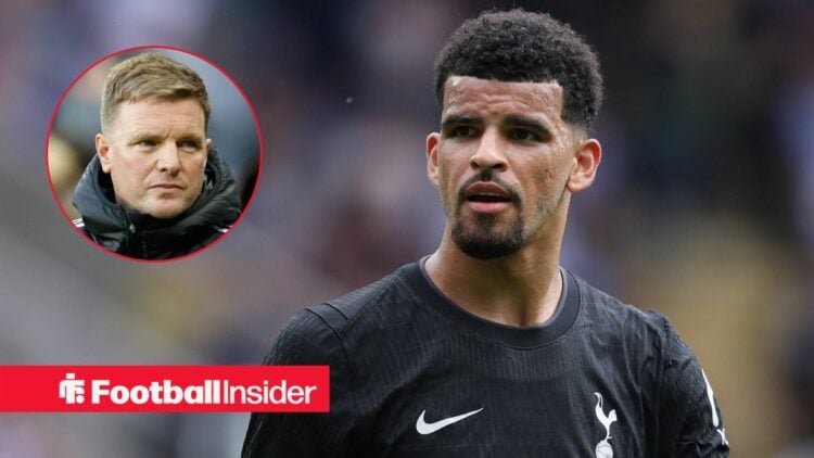 Tottenham striker Dominic Solanke glances towards a circular inset, where Newcastle manager Eddie Howe watches on.