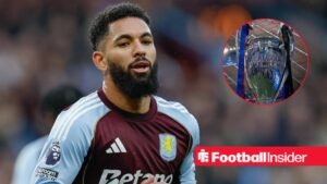 Douglas Luiz in action during a game for Aston Villa, as the Champions League trophy features in a circular inset.