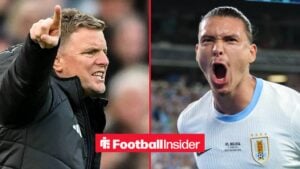 Eddie Howe on the sidelines at Newcastle, with Darwin Nunez in action for Newcastle