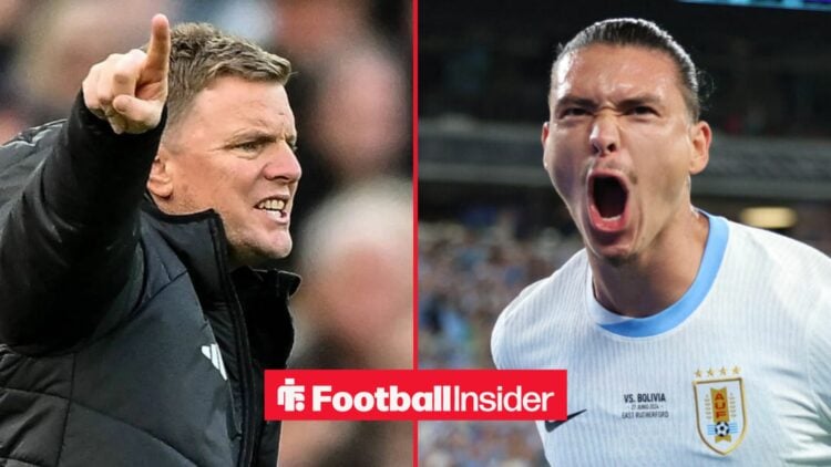 Eddie Howe on the sidelines at Newcastle, with Darwin Nunez in action for Newcastle