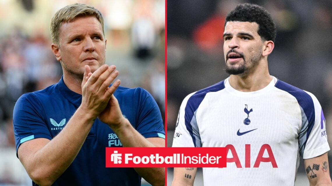 Newcastle United manager Eddie Howe applauds, as Tottenham striker Dominic Solanke is in action on the other side of a split image.