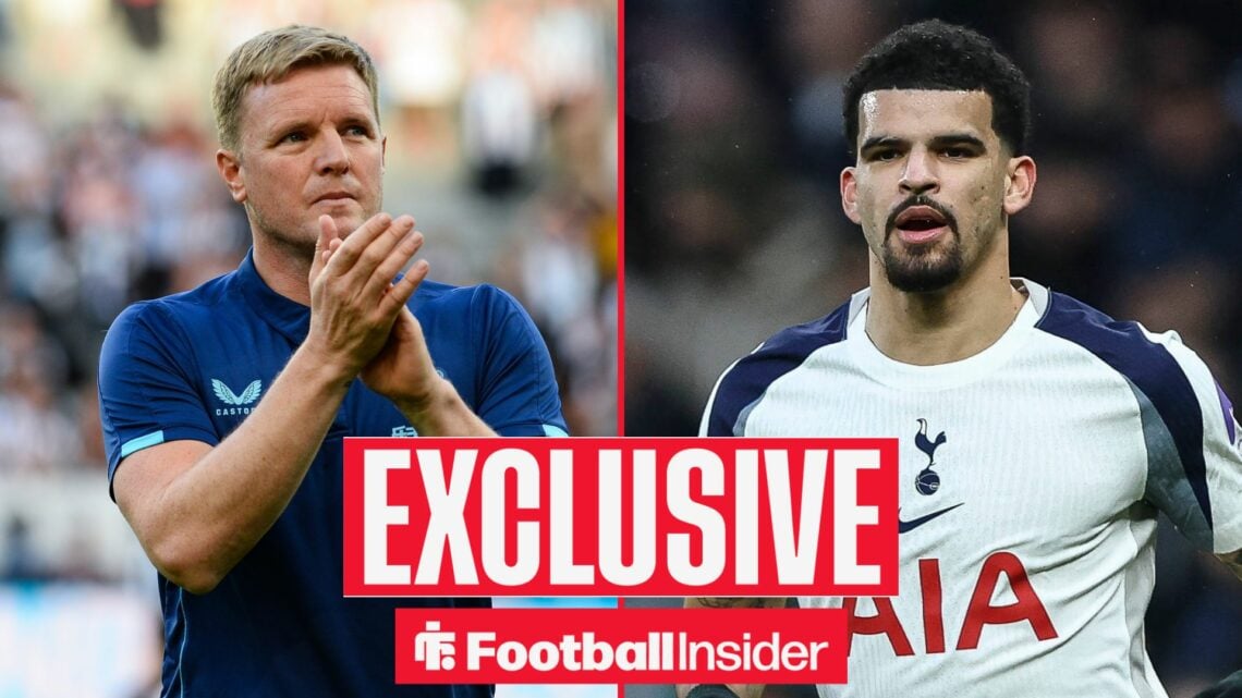 Football Insider exclusive as Newcastle United manager Eddie Howe applauds, as Tottenham striker Dominic Solanke is in action on the other side of ...