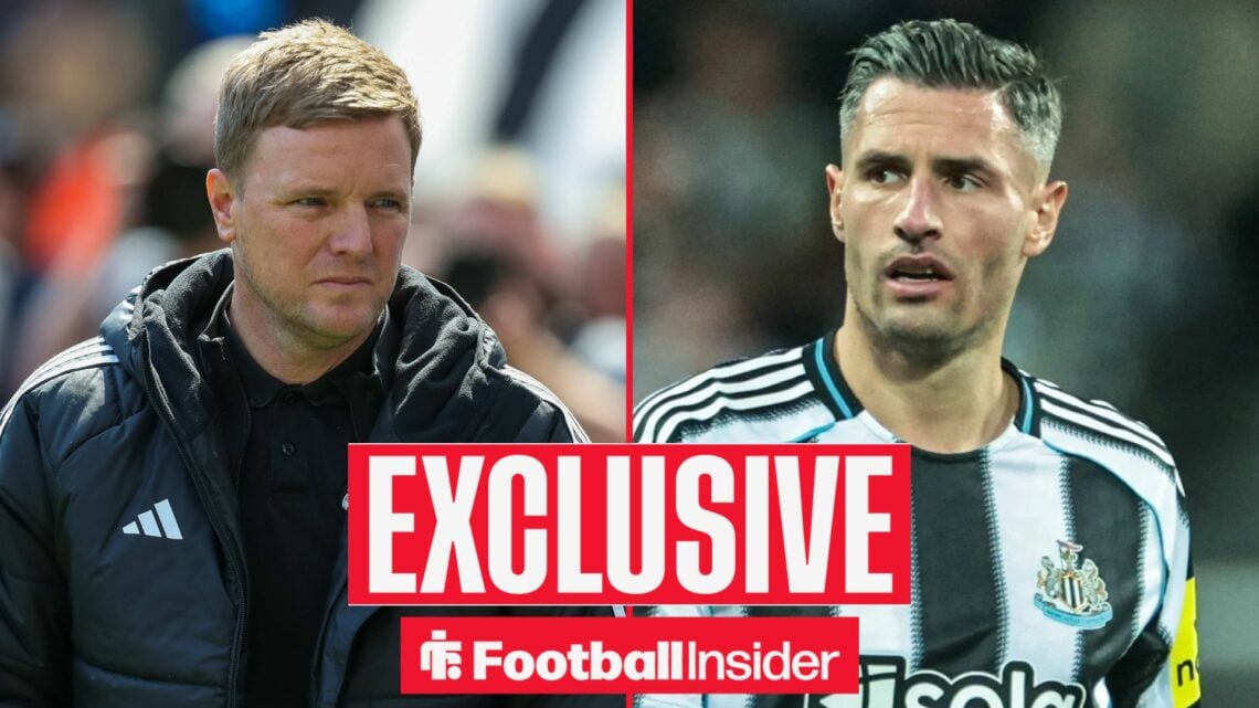 Football Insider exclusive as Newcastle manager Eddie Howe stares across a split image towards defender Fabian Schar, who is in action during a game.