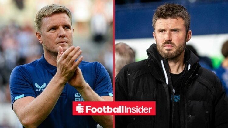 Newcastle manager Eddie Howe applauds as Manchester United boss Michael Carrick watches from the other side of a split image.
