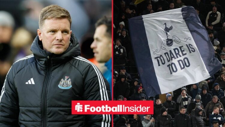 Newcastle manager Eddie Howe stares nervously across a split image towards Tottenham fans, who wave a giant flag in the stands.
