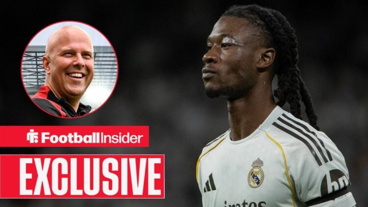 Football Insider exclusive as Eduardo Camavinga is in action for Real Madrid, while Liverpool manager Arne Slot grins in a circular inset.
