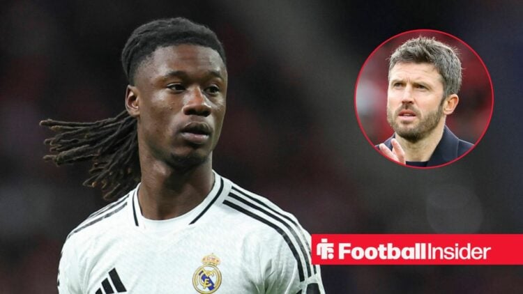 Eduardo Camavinga in action for Real Madrid, with Michael Carrick in a circular inset