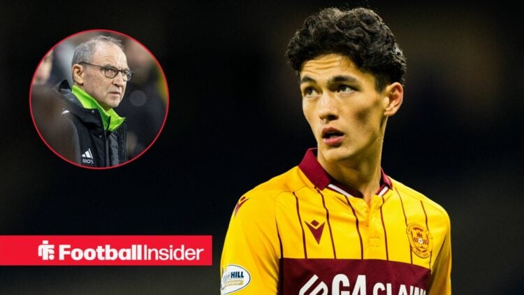 Elijah Just in action during a game for Motherwell, as Celtic manager Martin O'Neill watches from a circular inset.