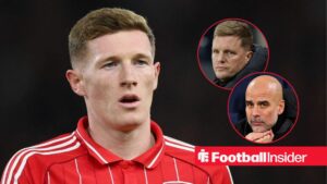 Elliot Anderson in action for Nottingham Forest, with Eddie Howe and Pep Guardiola in circular insets