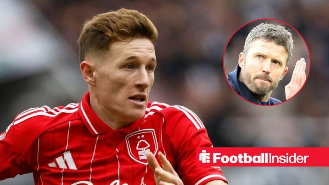 Elliot Anderson in action for Nottingham Forest, with Michael Carrick in a circular inset