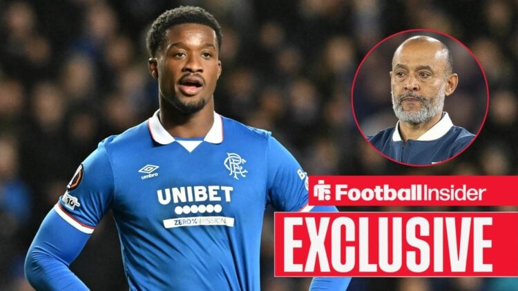 Football Insider exclusive as Rangers defender Emmanuel Fernandez stands with his hands on his hips during a game, while West Ham manager Nuno Espi...