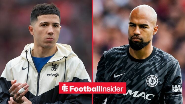 Enzo Fernandez of Chelsea lines up before the Carabao Cup Final match between Chelsea and Liverpool at Wembley Stadium on February 25, 2024 / Rober...
