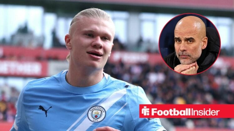 Erling Haaland in action for Man City, with Pep Guardiola in a circular inset