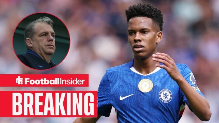 Breaking news as Estevao is in action during a game for Chelsea, while owner Todd Boehly watches from a circular inset.