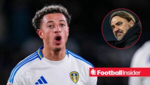 Ethan Ampadu in action for Leeds, with Daniel Farke in a circular inset
