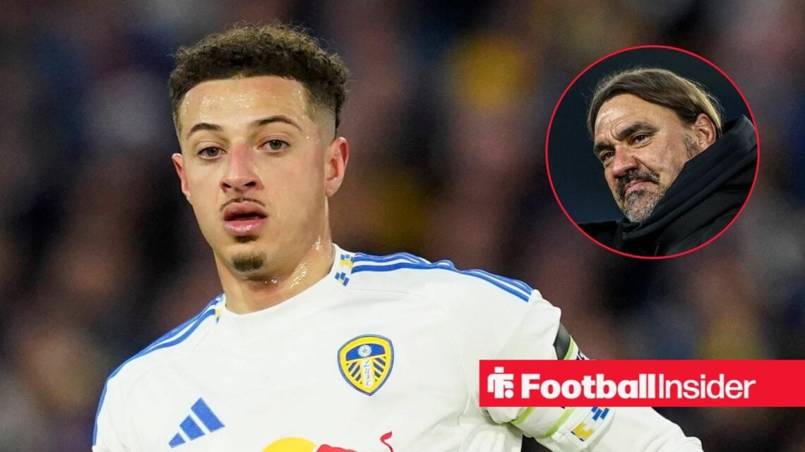 Ethan Ampadu in action for Leeds United, with Daniel Farke in a circular inset