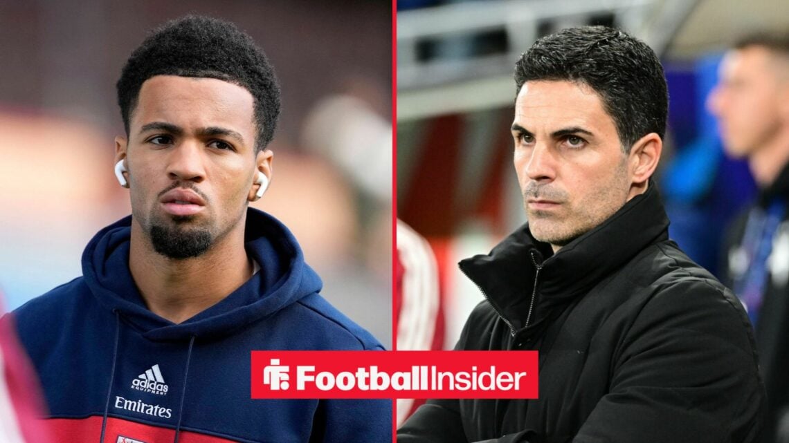 Arsenal winger Ethan Nwaneri glances across a split image towards manager Mikel Arteta, who looks concerned on the touchline.