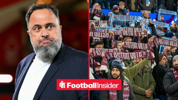 Nottingham Forest owner Evangelos Marinakis stares across a split image towards Aston Villa fans, who hold scarves aloft in the stands.