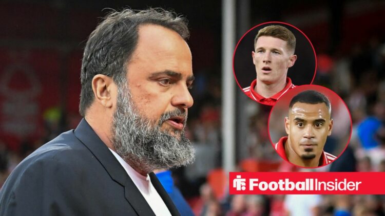 Evangelos Marinakis at the City Ground, with Elliot Anderson and Murillo in circular insets