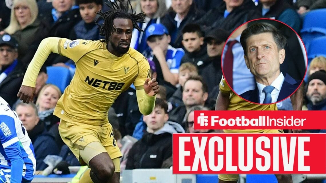Football Insider exclusive as Evann Guessand is in action during a game for Crystal Palace, as chairman Steve Parish watches from a circular inset.