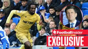 Football Insider exclusive as Evann Guessand is in action during a game for Crystal Palace, as chairman Steve Parish watches from a circular inset.