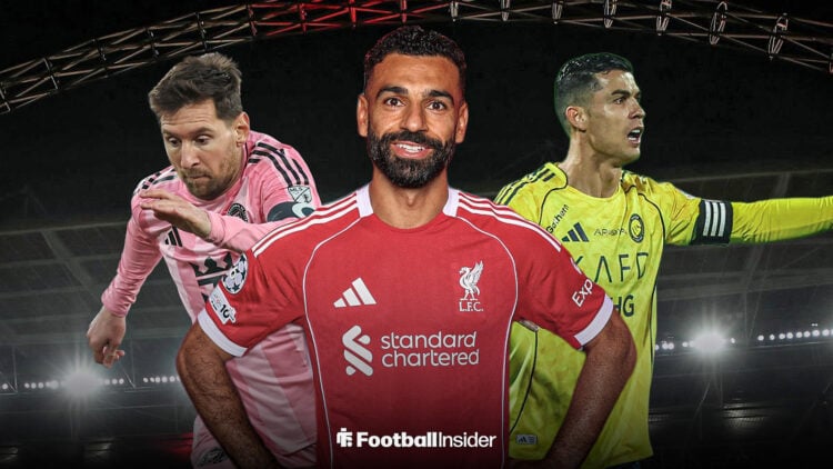 Liverpool forward Mohamed Salah flanked by Lionel Messi and Cristiano Ronaldo