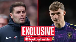 Football Insider exclusive as Brighton manager Fabian Hurzeler stares across a split image towards Carl Rushworth, who is in action for Coventry.