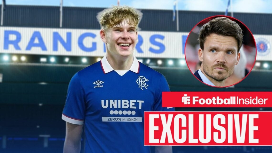 Finn Geragusian against a backdrop of Ibrox alongside a circular inset of Rangers manager Danny Rohl.