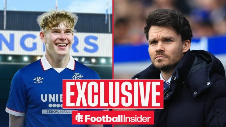 Finn Geragusian in a Rangers kit against a backdrop of Ibrox alongside Rangers manager Danny Rohl