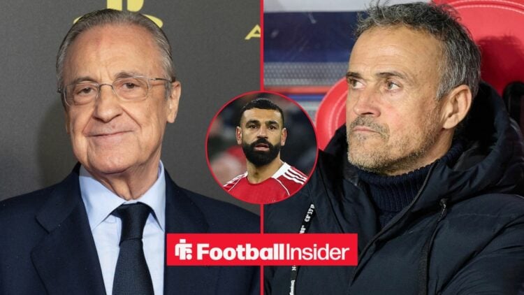 Florentino Perez at Real Madrid, Luis Enrique in the PSG dugout, and Mohamed Salah in a circular inset