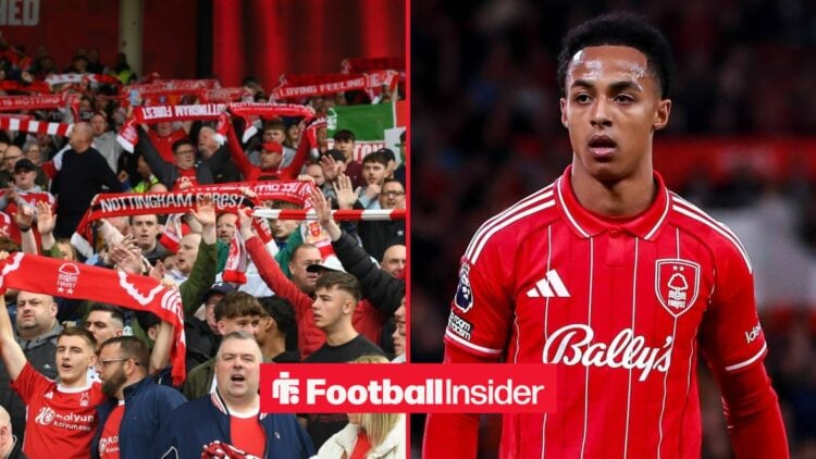 Nottingham Forest fans hold scarves aloft in the stands, as Omari Hutchinson is in action on the other side of a split image.