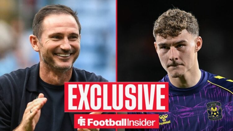 Football Insider exclusive as Coventry City manager Frank Lampard smiles, while goalkeeper Carl Rushworth is in action on the other side of a split...