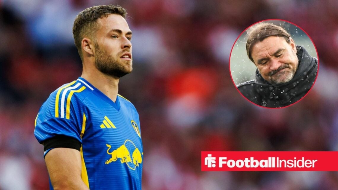 Leeds defender Gabriel Gudmundsson in action during a game, as manager Daniel Farke looks concerned in a circular inset.