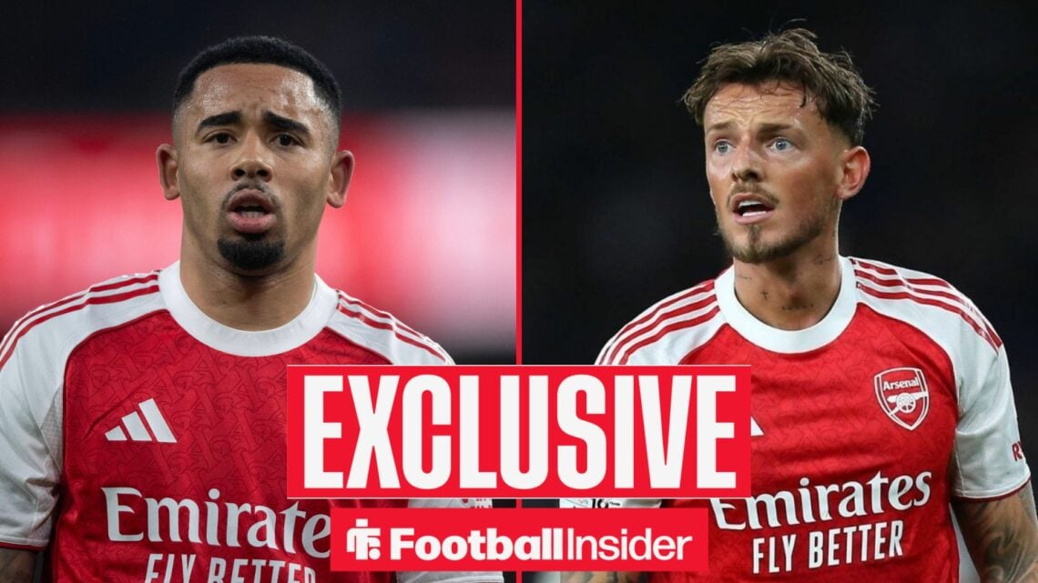 Football Insider exclusive as Arsenal stars Gabriel Jesus and Ben White look concerned on either side of a split image.